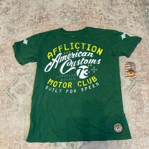 Affliction Green Graphic Motor Club Tee with Yellow & White Print